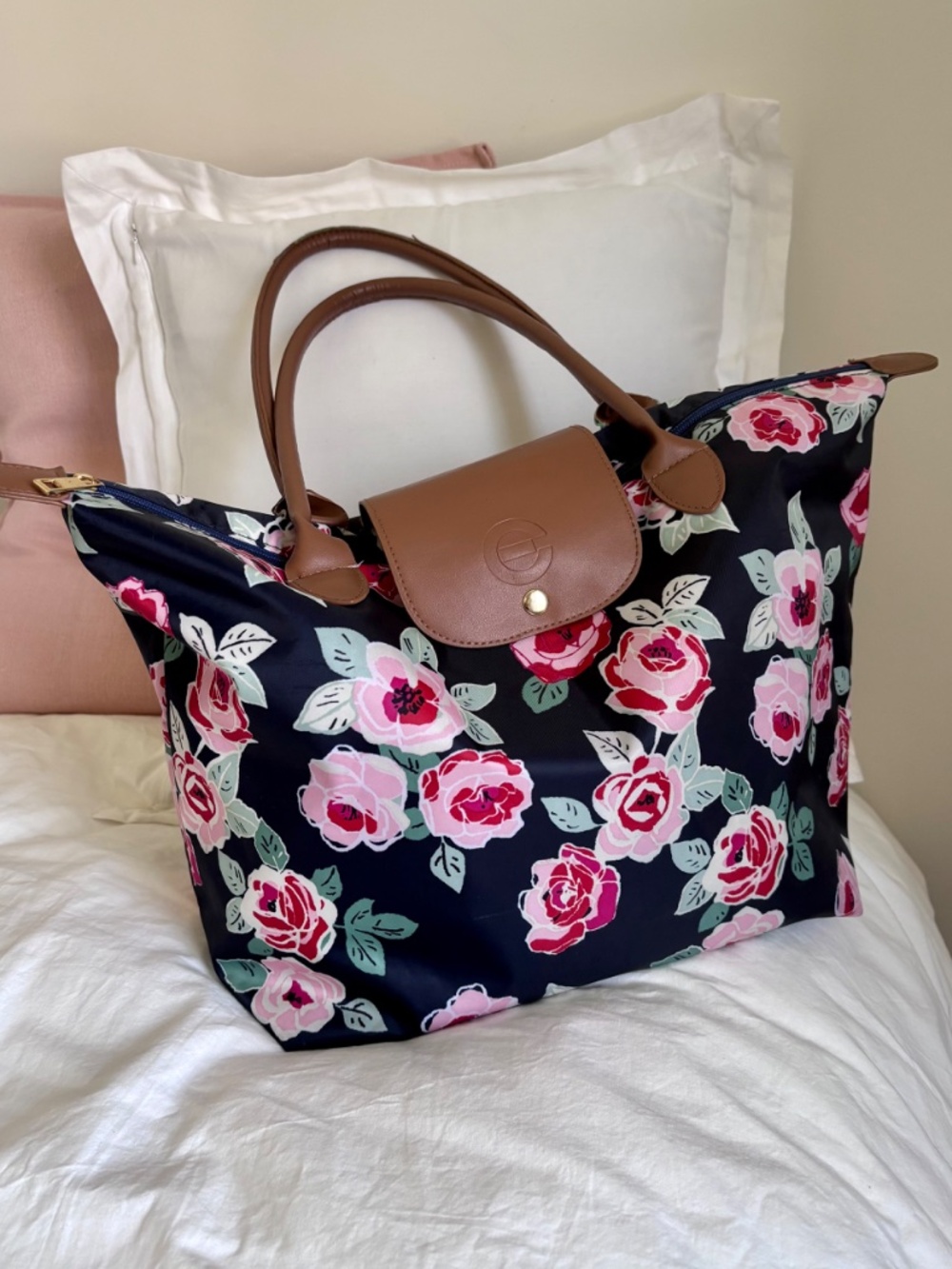 Elizabeth Grant Nylon Floral Print Tote Bag Vegan Leather Handle